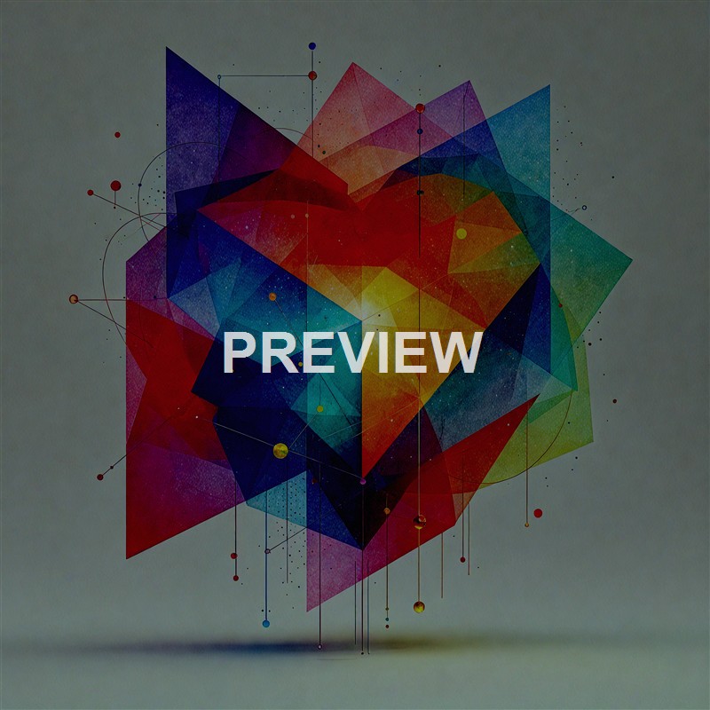 An abstract digital artwork featuring overlapping translucent geometric shapes in various colors, with lines and small dots connecting different points, creating a complex, layered pattern.